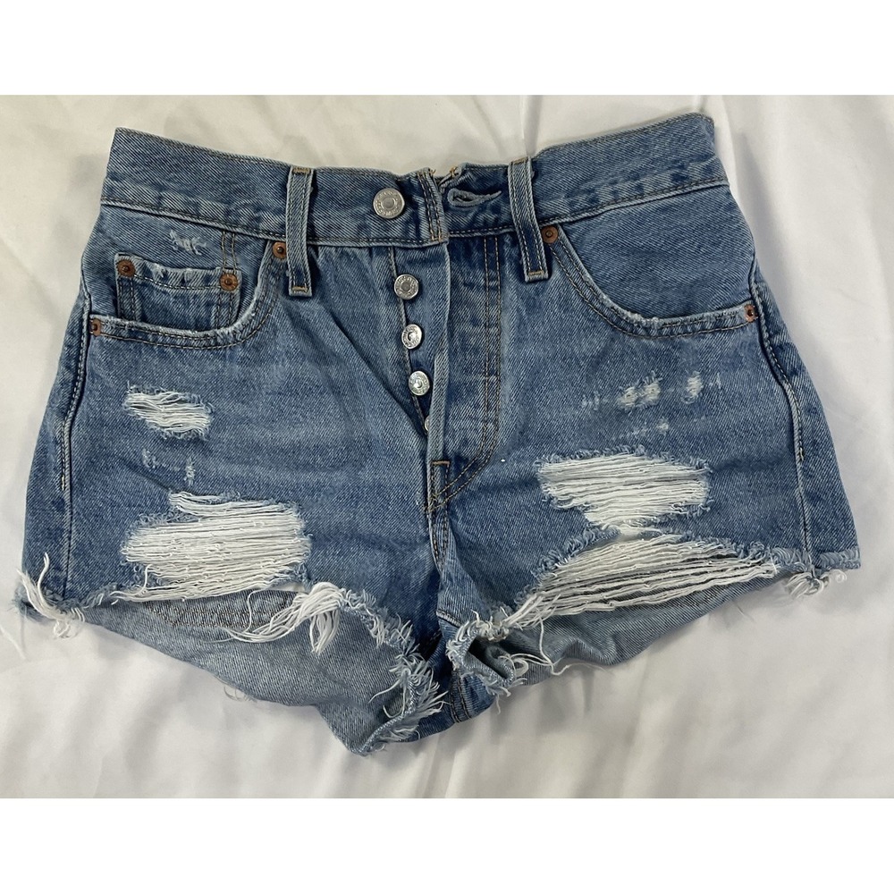 Levi Strauss 501 W24 Cut Off Denim Jean Shorts Ripped Distressed Blue 200